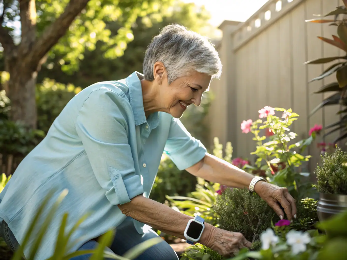 A serene image of an elderly person enjoying a hobby, such as gardening or painting, in their home, with a caregiver subtly present in the background, illustrating the support for independence and quality of life.