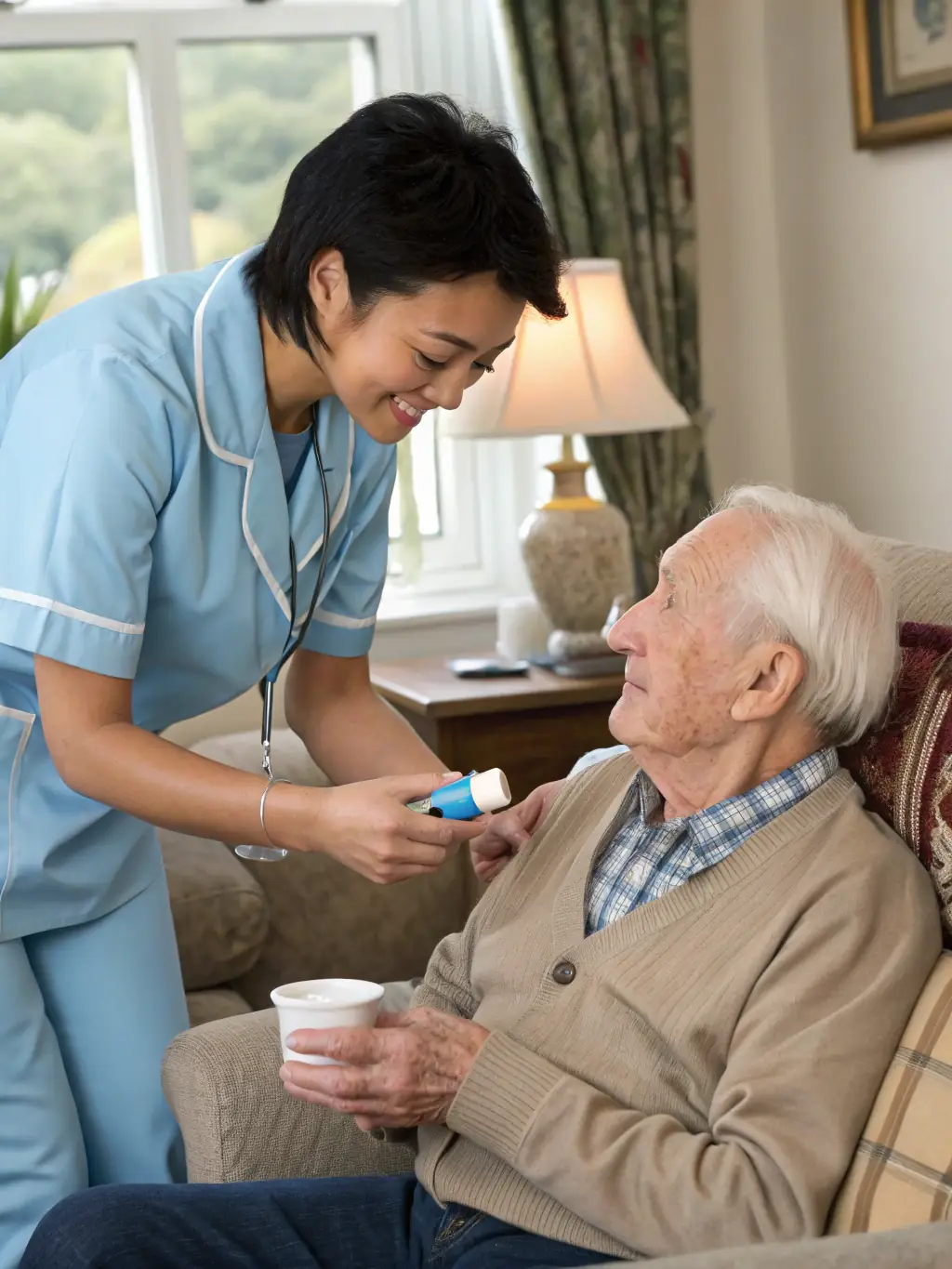 A compassionate nurse assisting an elderly person with bathing and personal hygiene, highlighting basic care services under SGB XI.