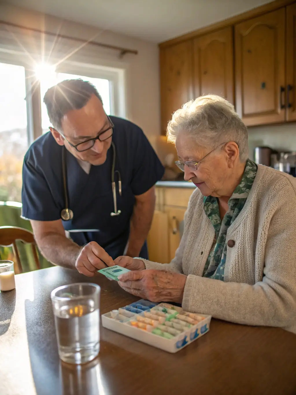 A friendly caregiver helping a senior with medication management in their home, emphasizing the medical care aspect of SGB V.