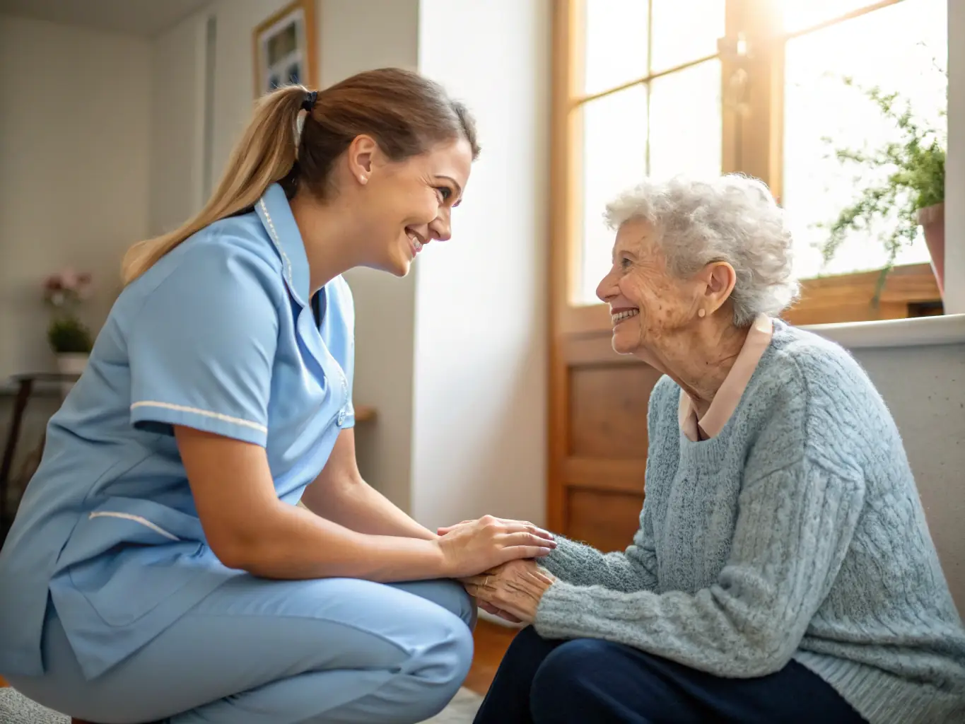 A photograph depicting a senior citizen smiling and laughing while a caregiver assists with their medication, set in a cozy and well-lit home environment, symbolizing personalized and joyful care.
