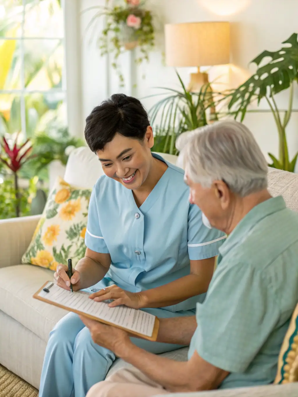 A caregiver providing advice and support to a family member of a person in need of care, in a calm and supportive setting.