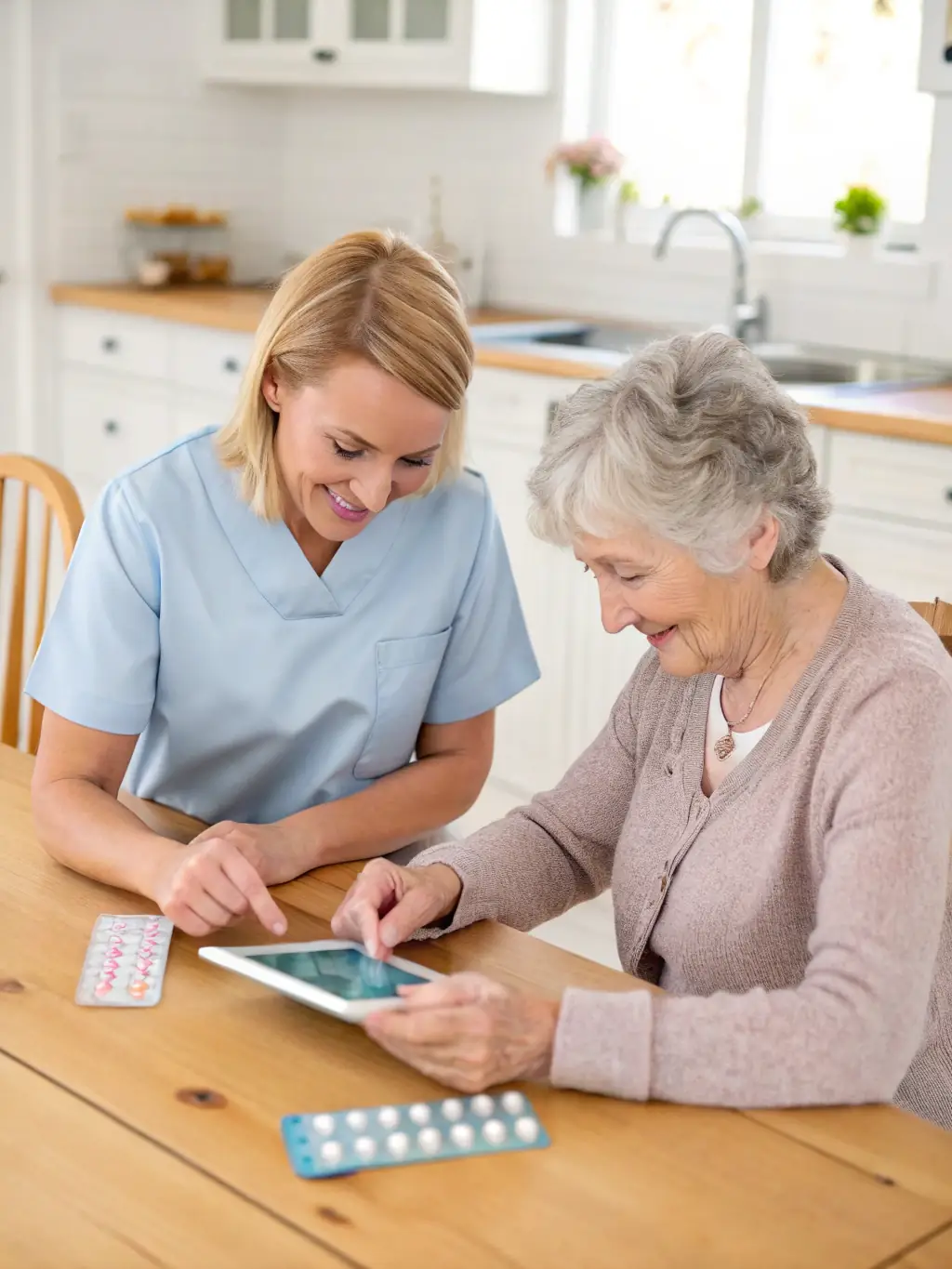 A friendly caregiver assisting a senior with their medication in a bright, comfortable home setting, emphasizing personalized care.