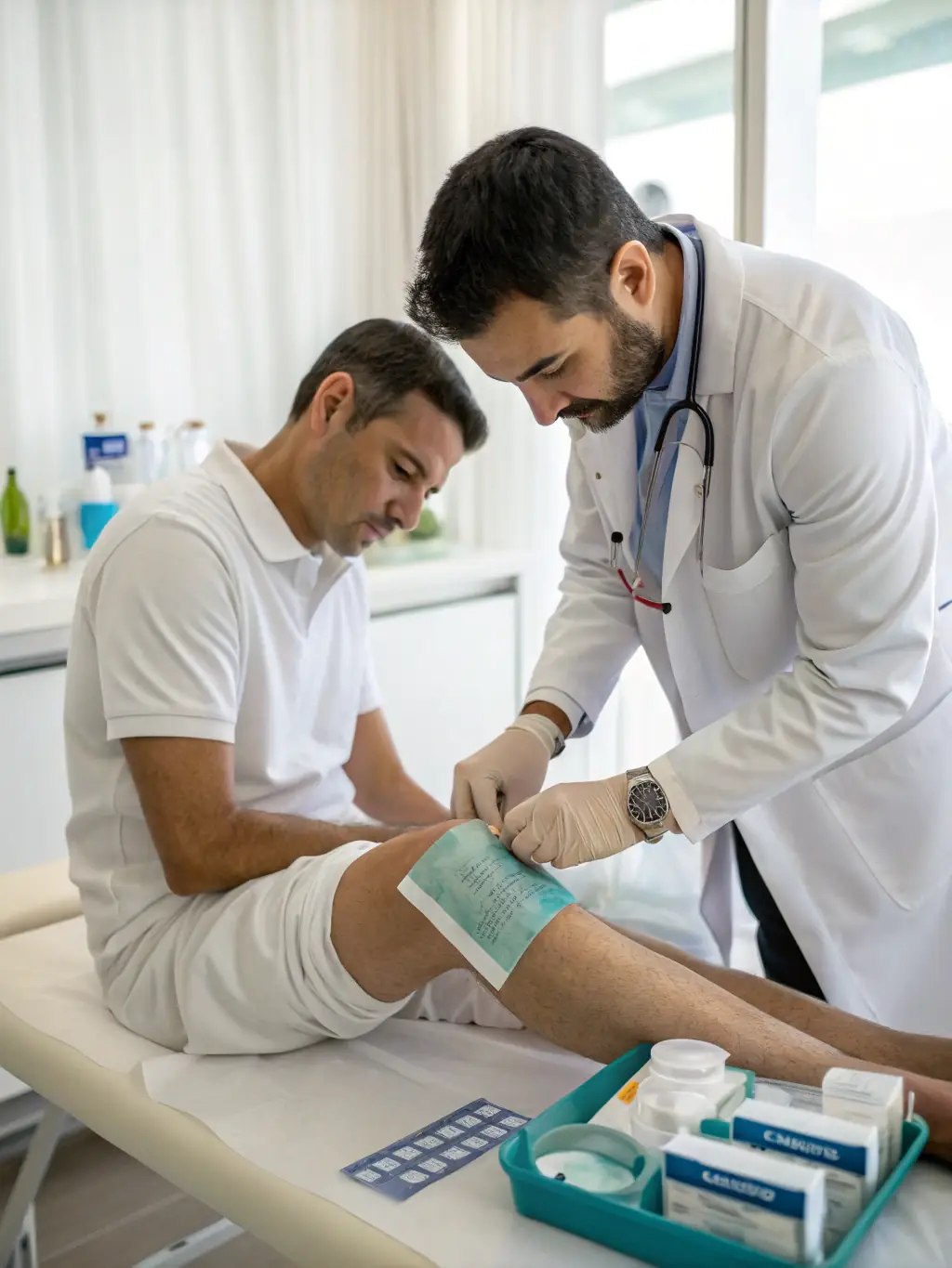 A skilled nurse changing a dressing on a patient's leg in a clean and professional environment, highlighting medical expertise.
